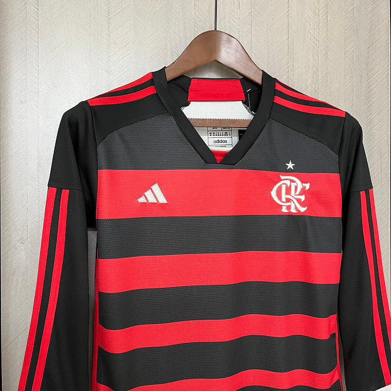 Conjunto Infantil Manga Longa CR Flamengo l 2024/25 Rubro-Negro - Modelo Torcedor